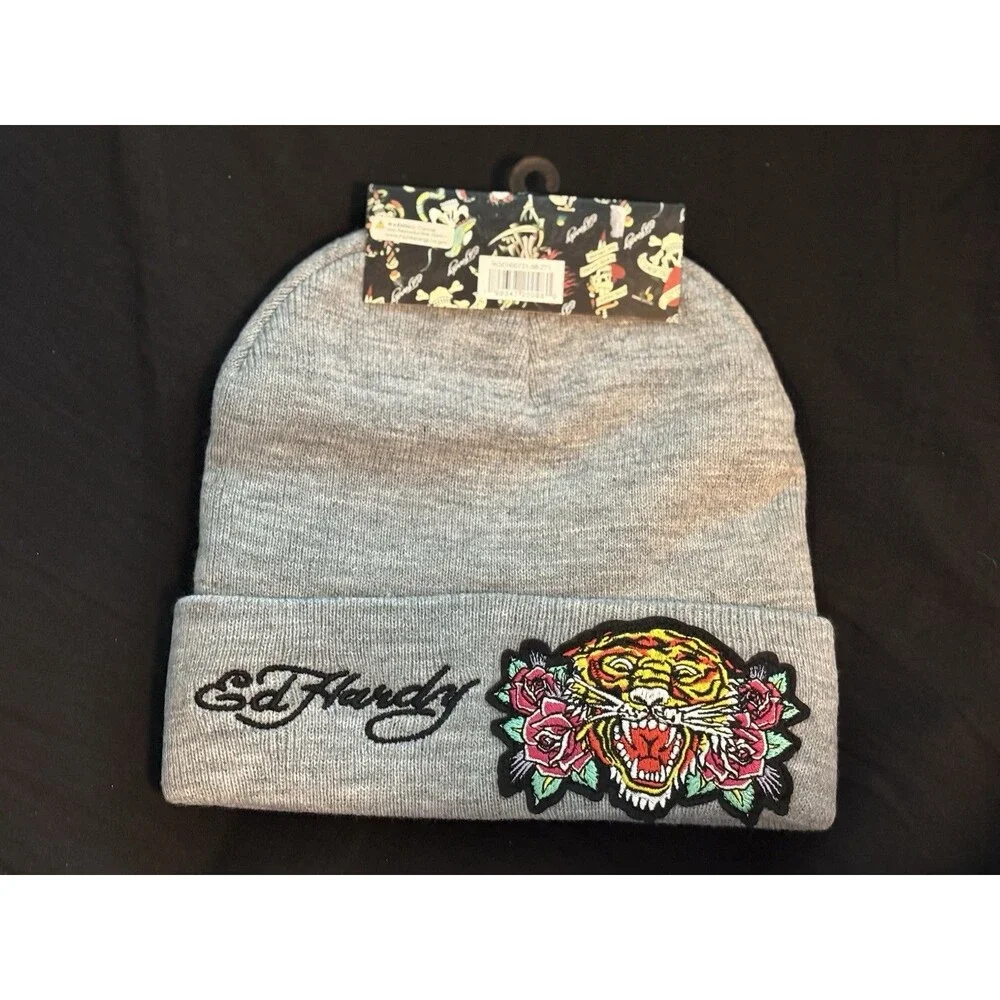 Ed Hardy Logo Designer 2 Pack Beanie Hat Skull Love Kills Tiger Black Grey Y2K